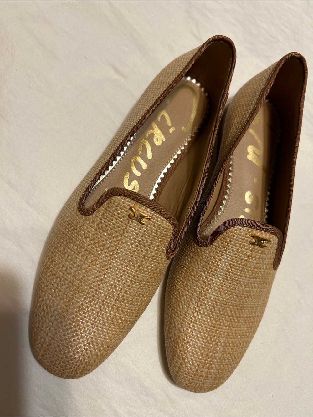 Sam Edelman Tan Woven Slip-On Loafers with Brown Trim - Picture 9 of 10